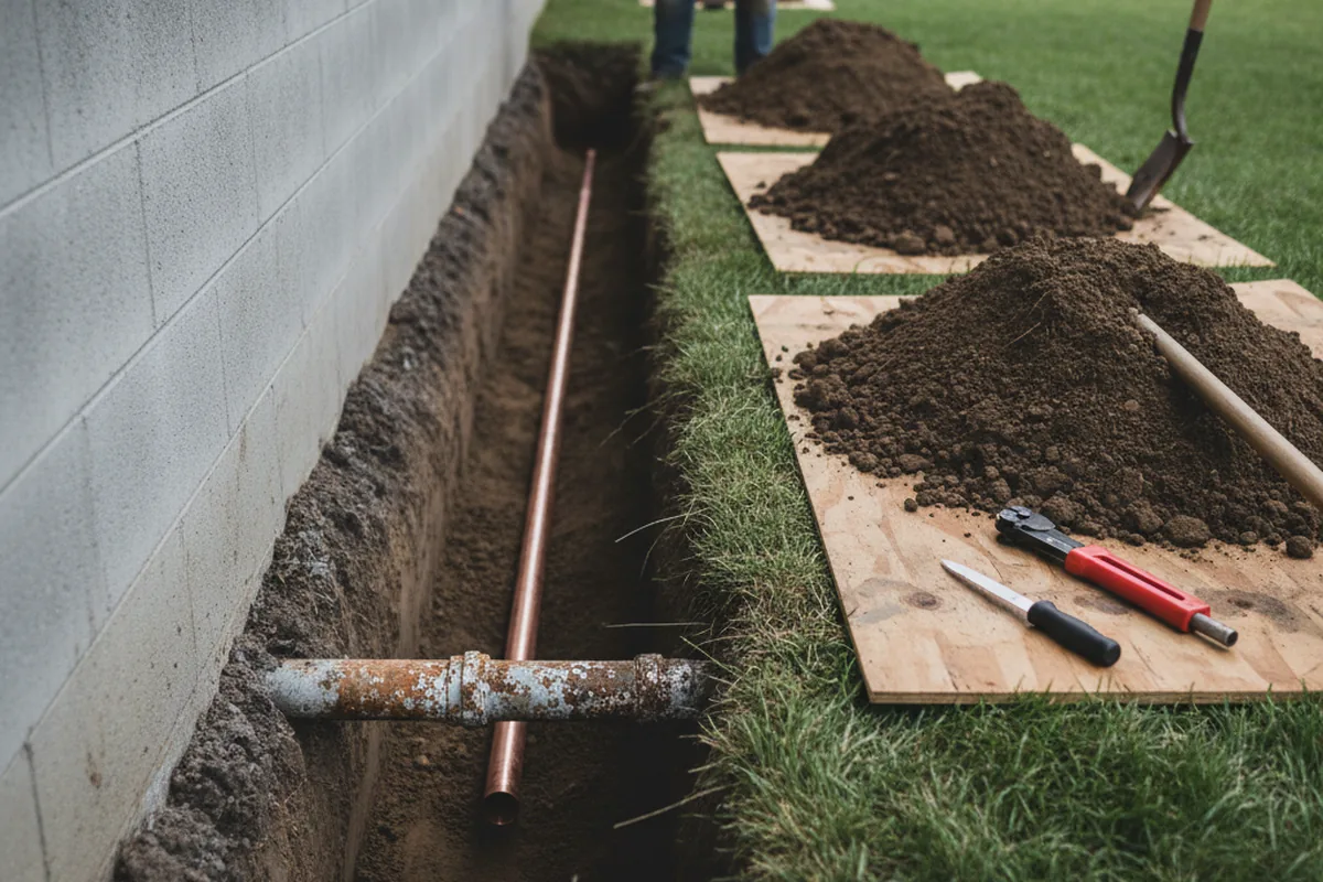 Excavated water line trench during Water Softener Installation in Beardstown